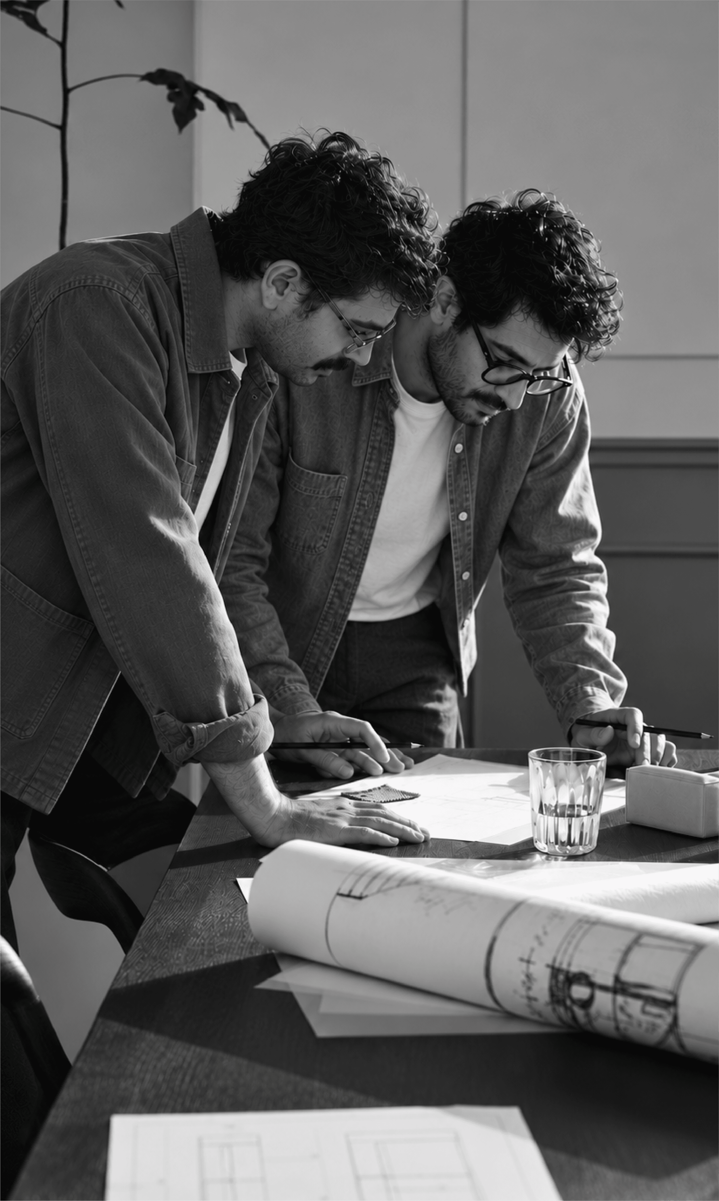 Dos arquitectos revisando planos sobre un escritorio