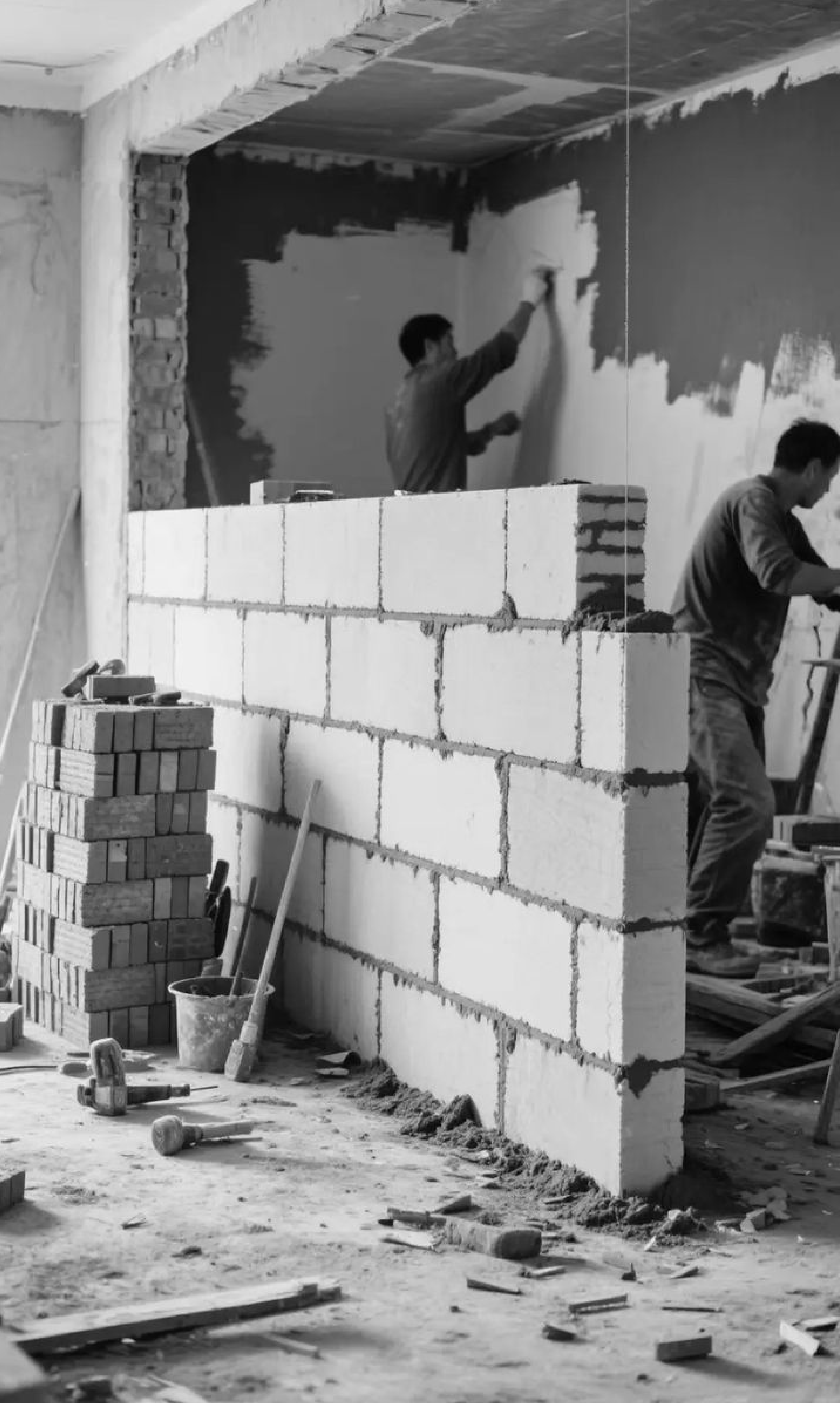 Interior en obra con un muro de bloques a medio levantar
